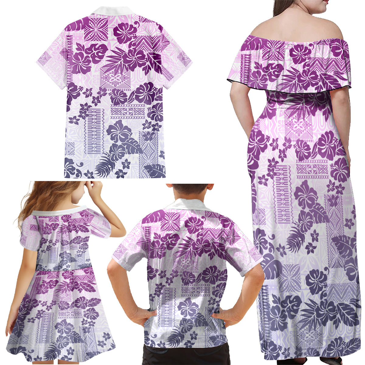 Vintage Hawaii Family Matching Off Shoulder Maxi Dress and Hawaiian Shirt Hibiscus Tapa Tribal With Hawaiian Quilt Pattern Violet LT9 - Polynesian Pride