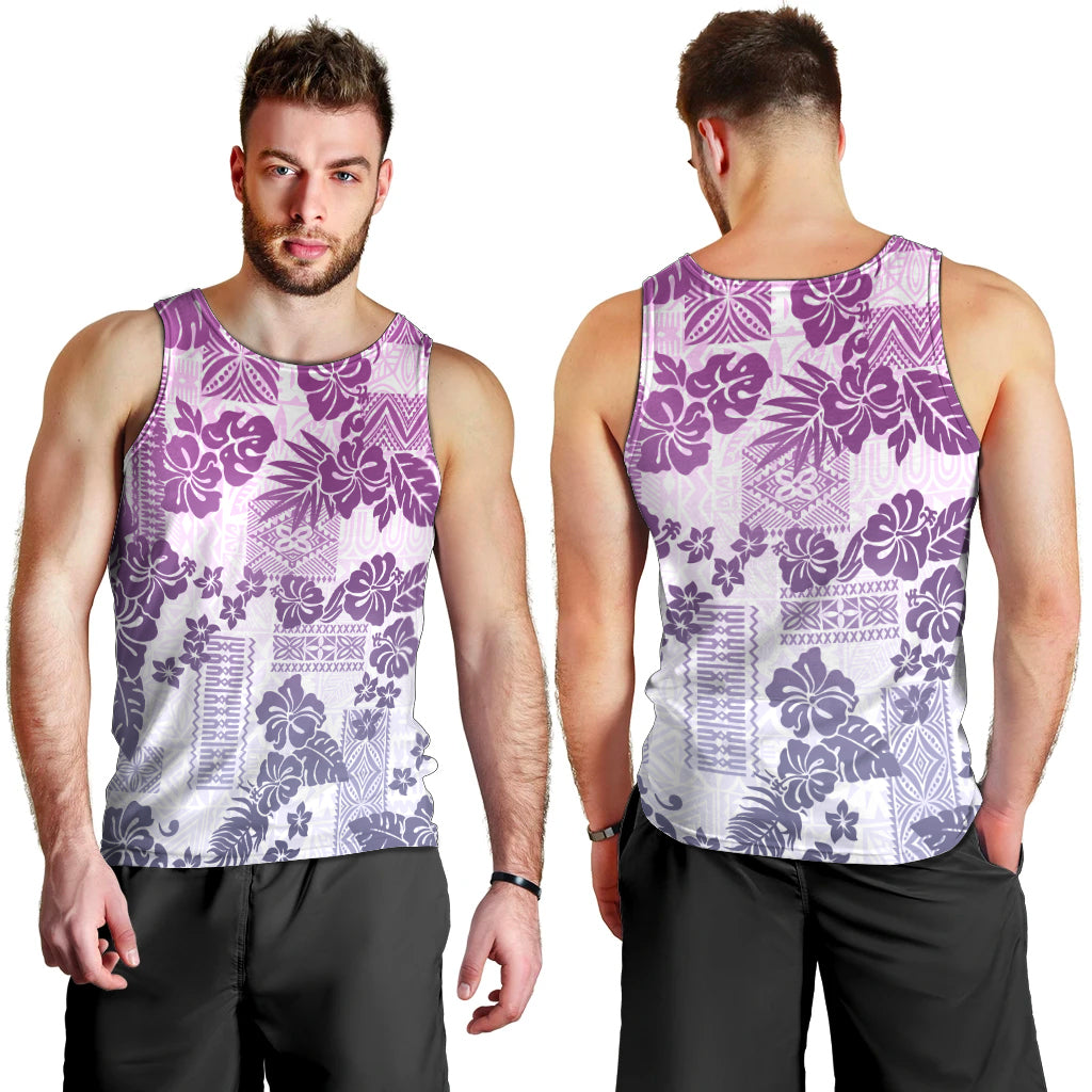 Vintage Hawaii Men Tank Top Hibiscus Tapa Tribal With Hawaiian Quilt Pattern Violet LT9 - Polynesian Pride