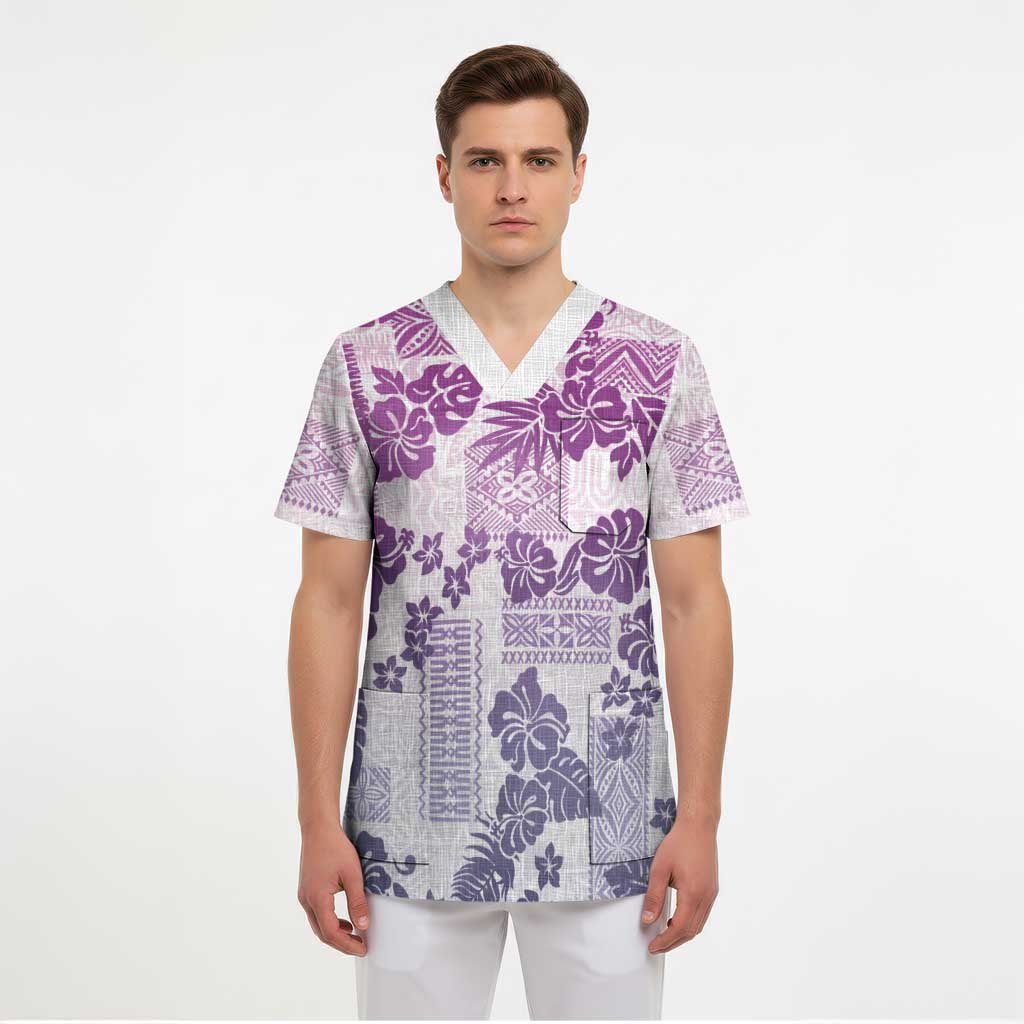 Vintage Hawaii Scrub Top Hibiscus Tapa Tribal With Hawaiian Quilt Pattern Violet - Polynesian Pride