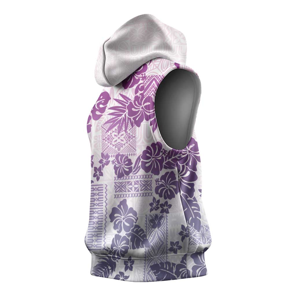 Vintage Hawaii Sleeveless Hoodie Hibiscus Tapa Tribal With Hawaiian Quilt Pattern Violet - Polynesian Pride