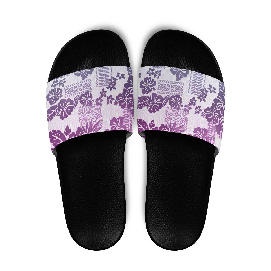Vintage Hawaii Slide Sandals Hibiscus Tapa Tribal With Hawaiian Quilt Pattern Violet - Polynesian Pride