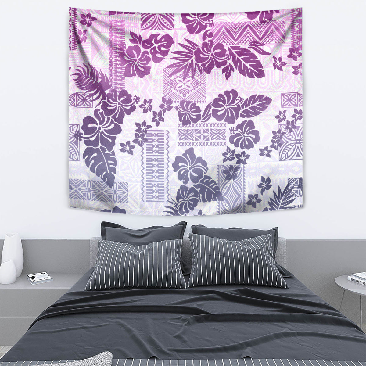 Vintage Hawaii Tapestry Hibiscus Tapa Tribal With Hawaiian Quilt Pattern Violet LT9 - Polynesian Pride