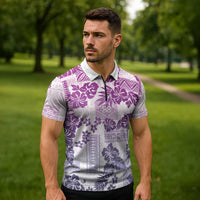 Vintage Hawaii Zipper Polo Shirt Hibiscus Tapa Tribal With Hawaiian Quilt Pattern Violet - Polynesian Pride