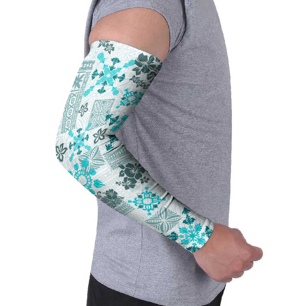 Hawaii Tapa Tribal Arm Sleeves With Hawaiian Quilt Pattern Aqua LT9 - Polynesian Pride