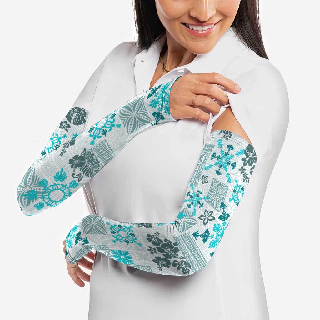 Hawaii Tapa Tribal Arm Sleeves With Hawaiian Quilt Pattern Aqua LT9 - Polynesian Pride