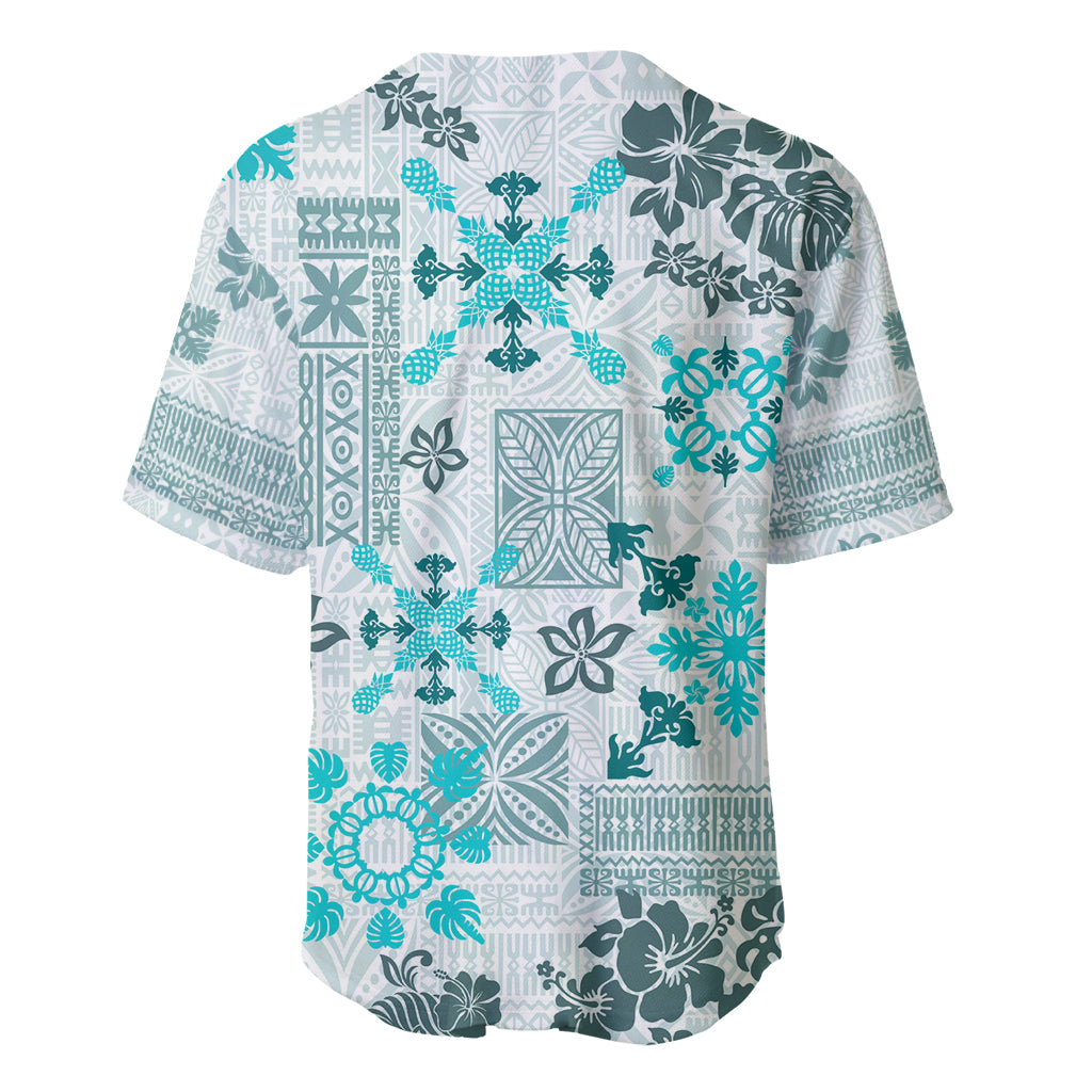Hawaii Tapa Tribal Baseball Jersey With Hawaiian Quilt Pattern Aqua LT9 - Polynesian Pride