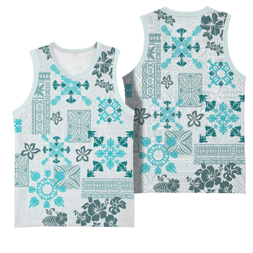 Hawaii Tapa Tribal Basketball Jersey With Hawaiian Quilt Pattern Aqua - Polynesian Pride