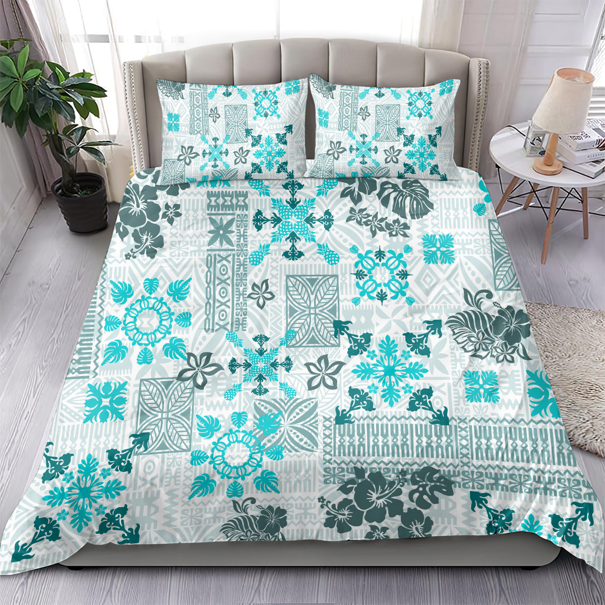 Hawaii Tapa Tribal Bedding Set With Hawaiian Quilt Pattern Aqua LT9 - Polynesian Pride