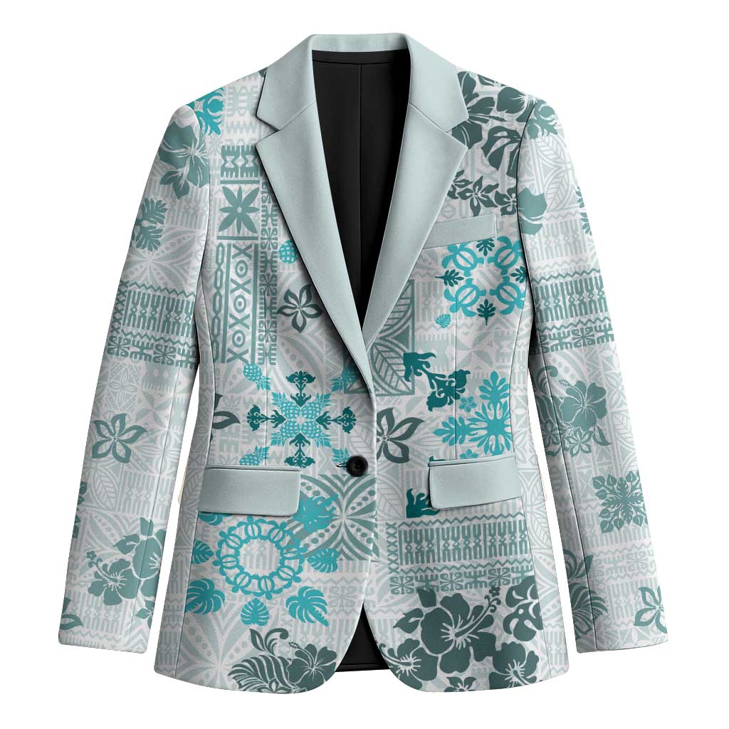 Hawaii Tapa Tribal Blazer With Hawaiian Quilt Pattern Aqua LT9 Unisex Aqua - Polynesian Pride