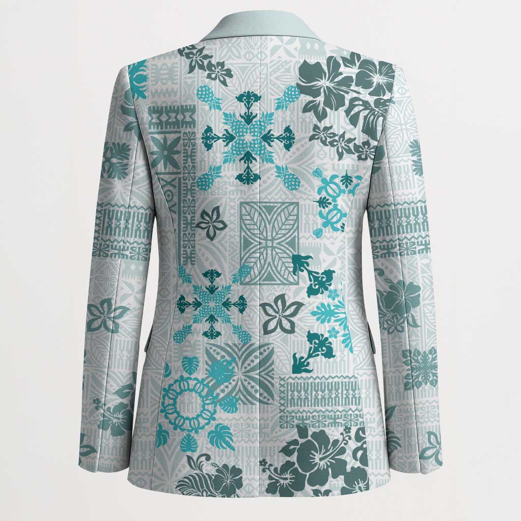 Hawaii Tapa Tribal Blazer With Hawaiian Quilt Pattern Aqua LT9 - Polynesian Pride