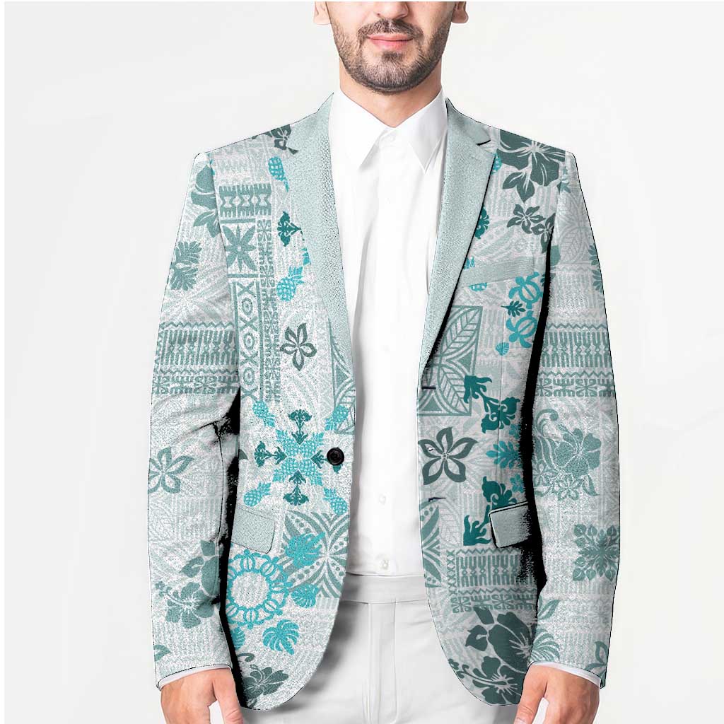 Hawaii Tapa Tribal Blazer With Hawaiian Quilt Pattern Aqua LT9 - Polynesian Pride