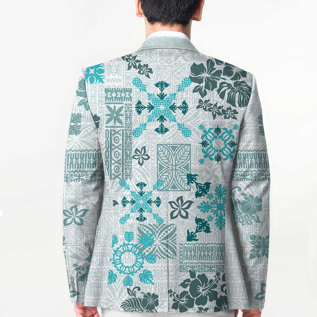 Hawaii Tapa Tribal Blazer With Hawaiian Quilt Pattern Aqua LT9 - Polynesian Pride