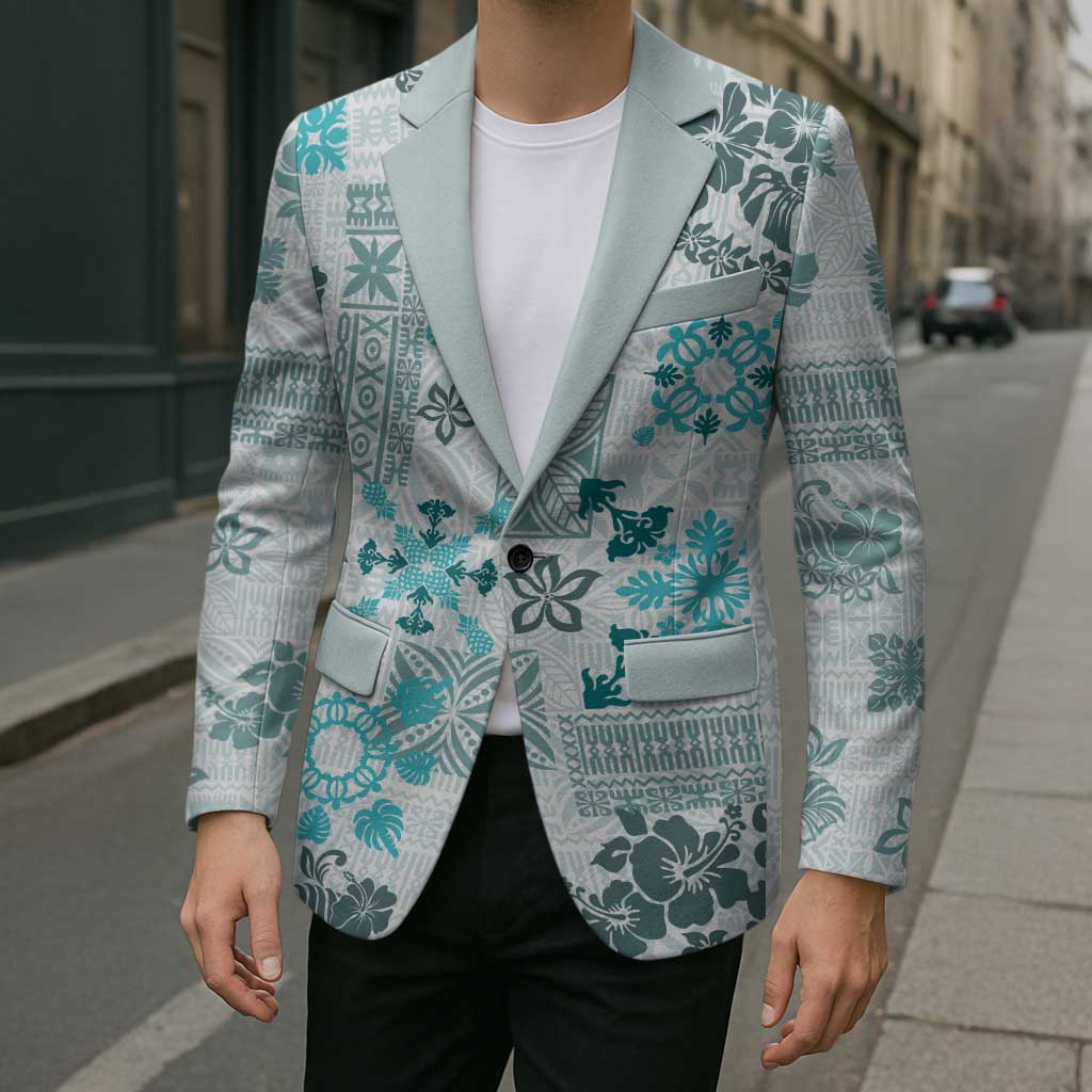 Hawaii Tapa Tribal Blazer With Hawaiian Quilt Pattern Aqua LT9 - Polynesian Pride
