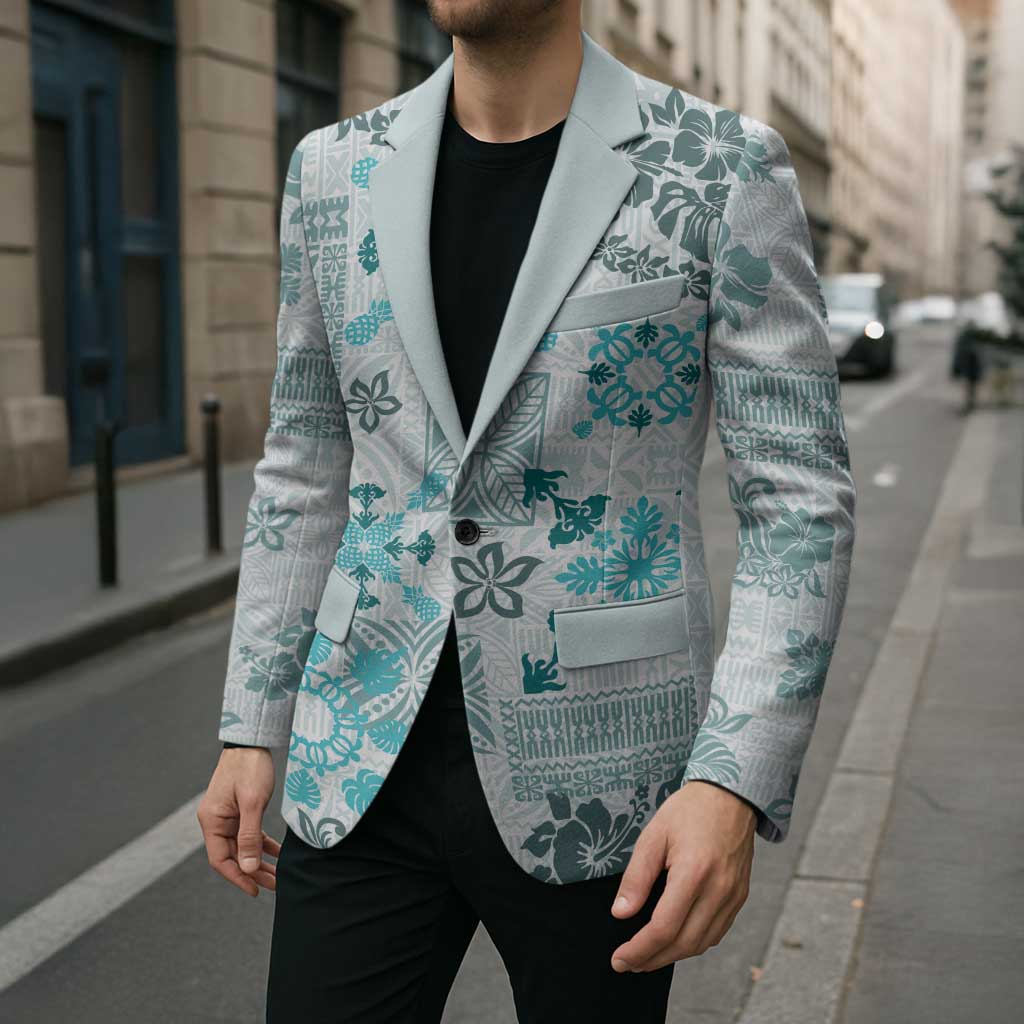 Hawaii Tapa Tribal Blazer With Hawaiian Quilt Pattern Aqua LT9 - Polynesian Pride