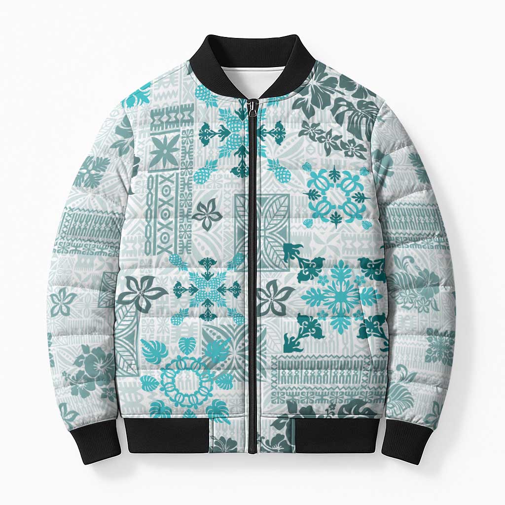 Hawaii Tapa Tribal Bomber Puffer Jacket With Hawaiian Quilt Pattern Aqua - Polynesian Pride