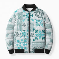 Hawaii Tapa Tribal Bomber Puffer Jacket With Hawaiian Quilt Pattern Aqua - Polynesian Pride