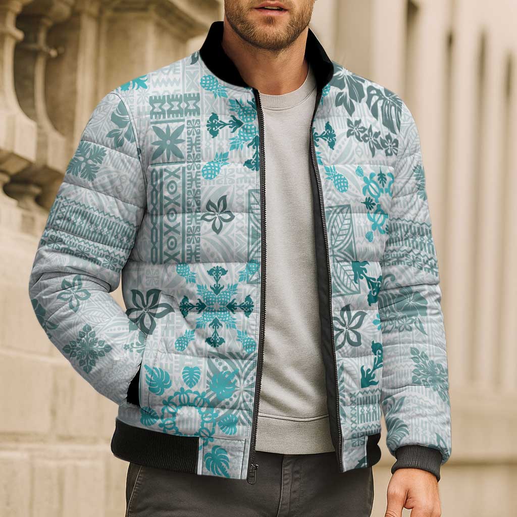 Hawaii Tapa Tribal Bomber Puffer Jacket With Hawaiian Quilt Pattern Aqua - Polynesian Pride