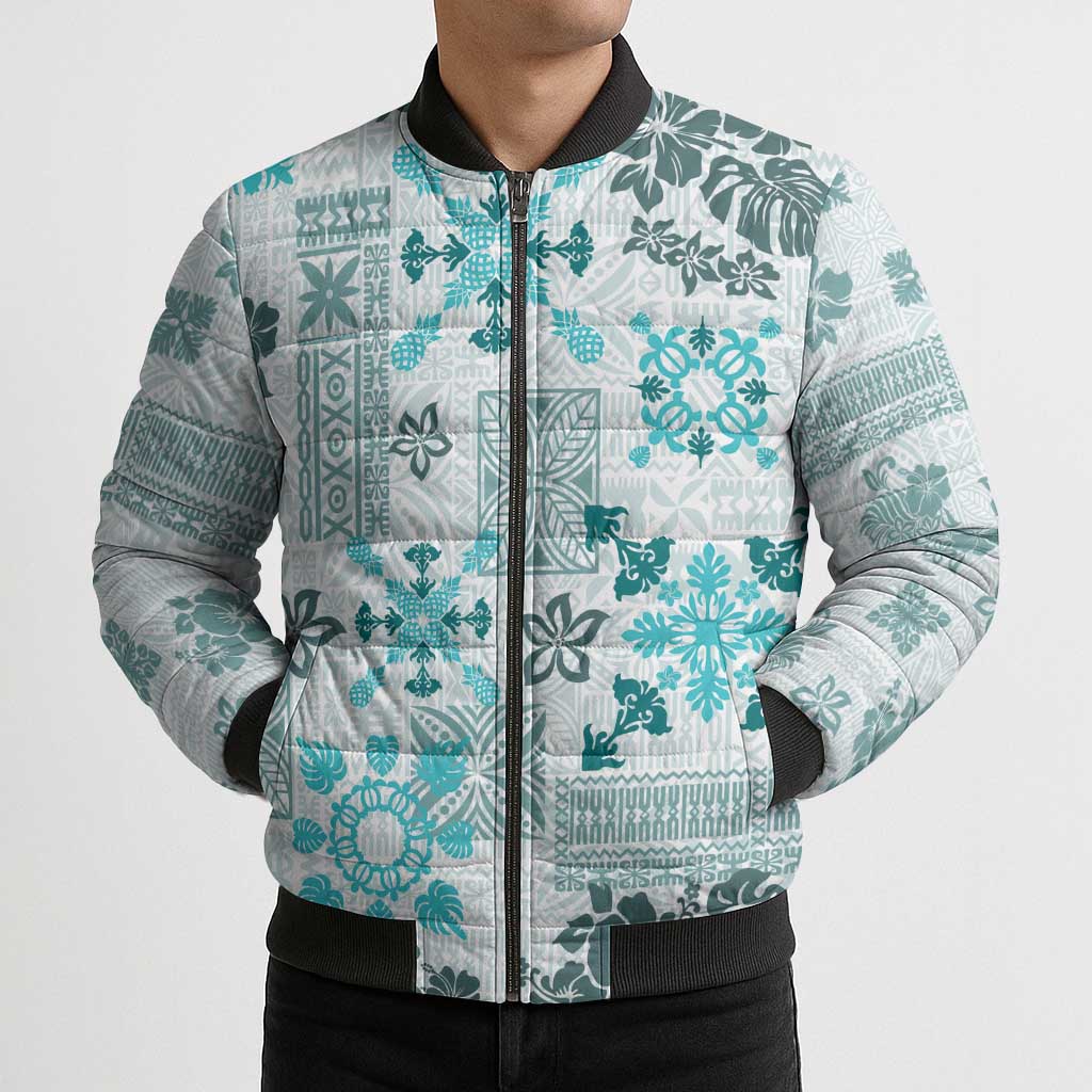 Hawaii Tapa Tribal Bomber Puffer Jacket With Hawaiian Quilt Pattern Aqua - Polynesian Pride