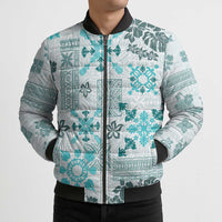 Hawaii Tapa Tribal Bomber Puffer Jacket With Hawaiian Quilt Pattern Aqua - Polynesian Pride