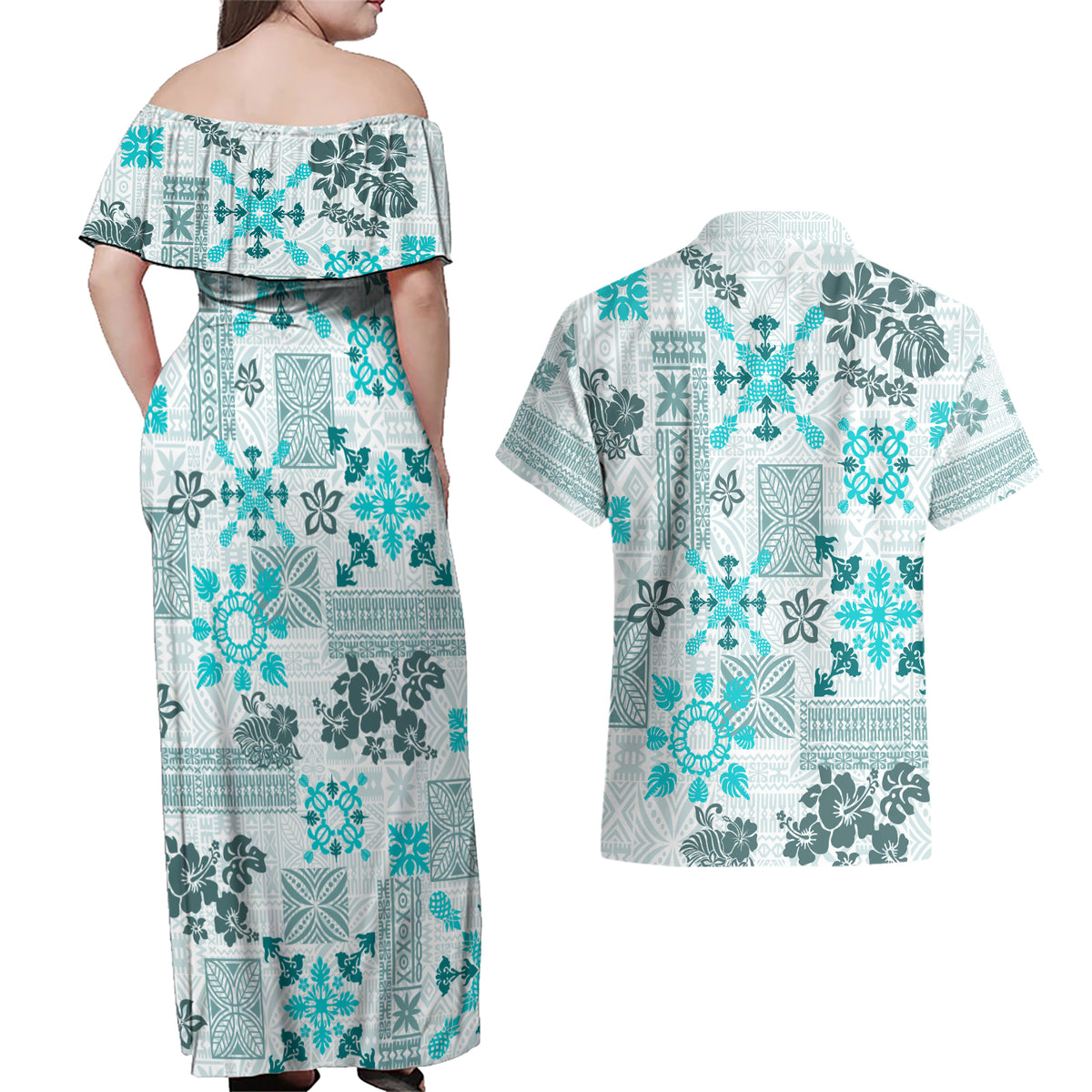 Hawaii Tapa Tribal Couples Matching Off Shoulder Maxi Dress and Hawaiian Shirt With Hawaiian Quilt Pattern Aqua LT9 - Polynesian Pride