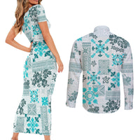 Hawaii Tapa Tribal Couples Matching Short Sleeve Bodycon Dress and Long Sleeve Button Shirt With Hawaiian Quilt Pattern Aqua LT9 - Polynesian Pride