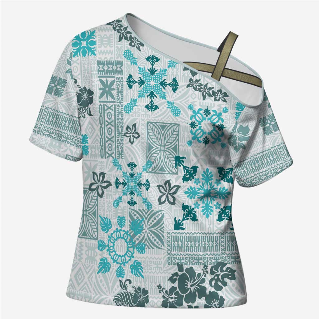 Hawaii Tapa Tribal Cross Shoulder Shirt With Hawaiian Quilt Pattern Aqua - Polynesian Pride