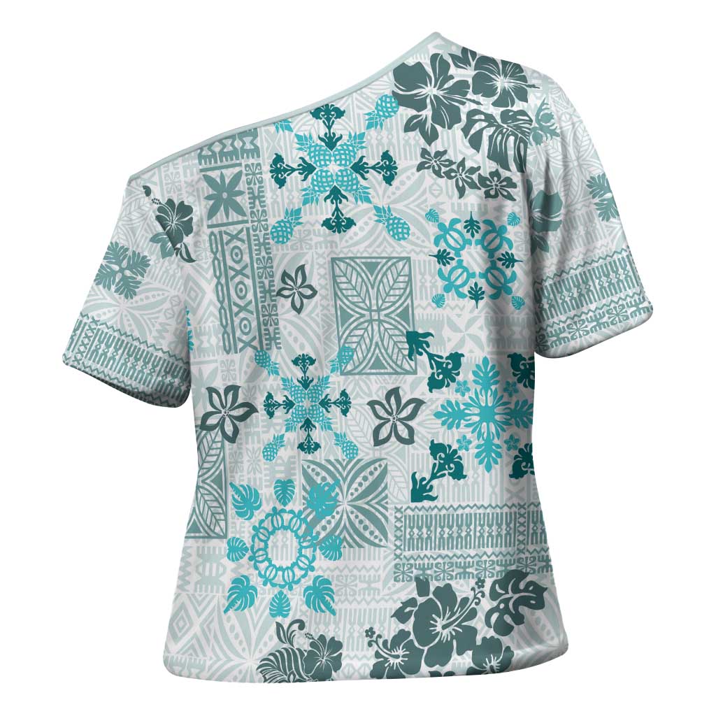 Hawaii Tapa Tribal Cross Shoulder Shirt With Hawaiian Quilt Pattern Aqua - Polynesian Pride