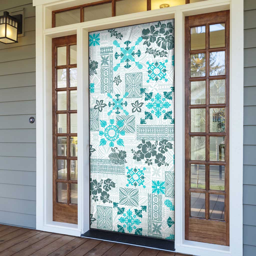 Hawaii Tapa Tribal Door Cover With Hawaiian Quilt Pattern Aqua - Polynesian Pride