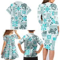 Hawaii Tapa Tribal Family Matching Long Sleeve Bodycon Dress and Hawaiian Shirt With Hawaiian Quilt Pattern Aqua LT9 - Polynesian Pride