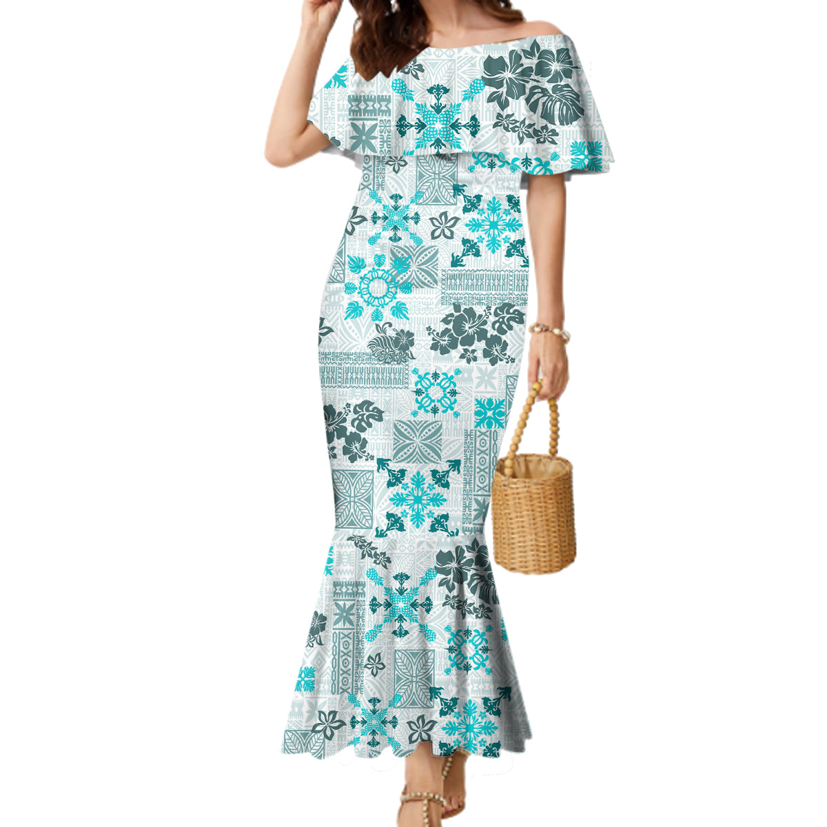 Hawaii Tapa Tribal Family Matching Mermaid Dress and Hawaiian Shirt With Hawaiian Quilt Pattern Aqua LT9 Mom's Dress Aqua - Polynesian Pride