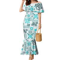 Hawaii Tapa Tribal Family Matching Mermaid Dress and Hawaiian Shirt With Hawaiian Quilt Pattern Aqua LT9 Mom's Dress Aqua - Polynesian Pride