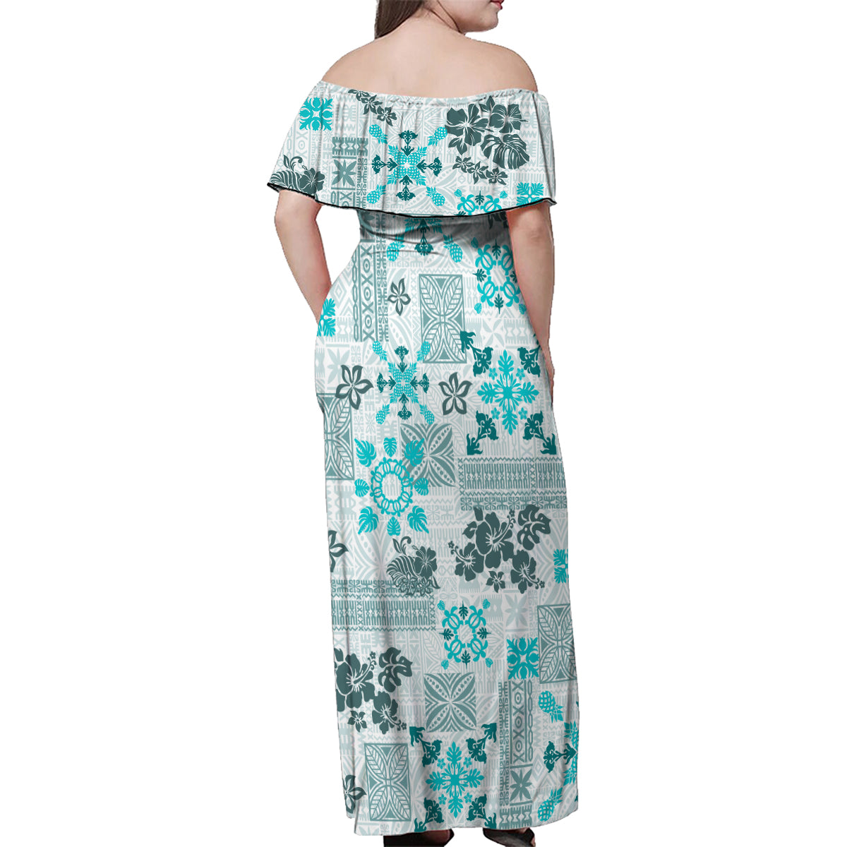 Hawaii Tapa Tribal Family Matching Off Shoulder Maxi Dress and Hawaiian Shirt With Hawaiian Quilt Pattern Aqua LT9 - Polynesian Pride
