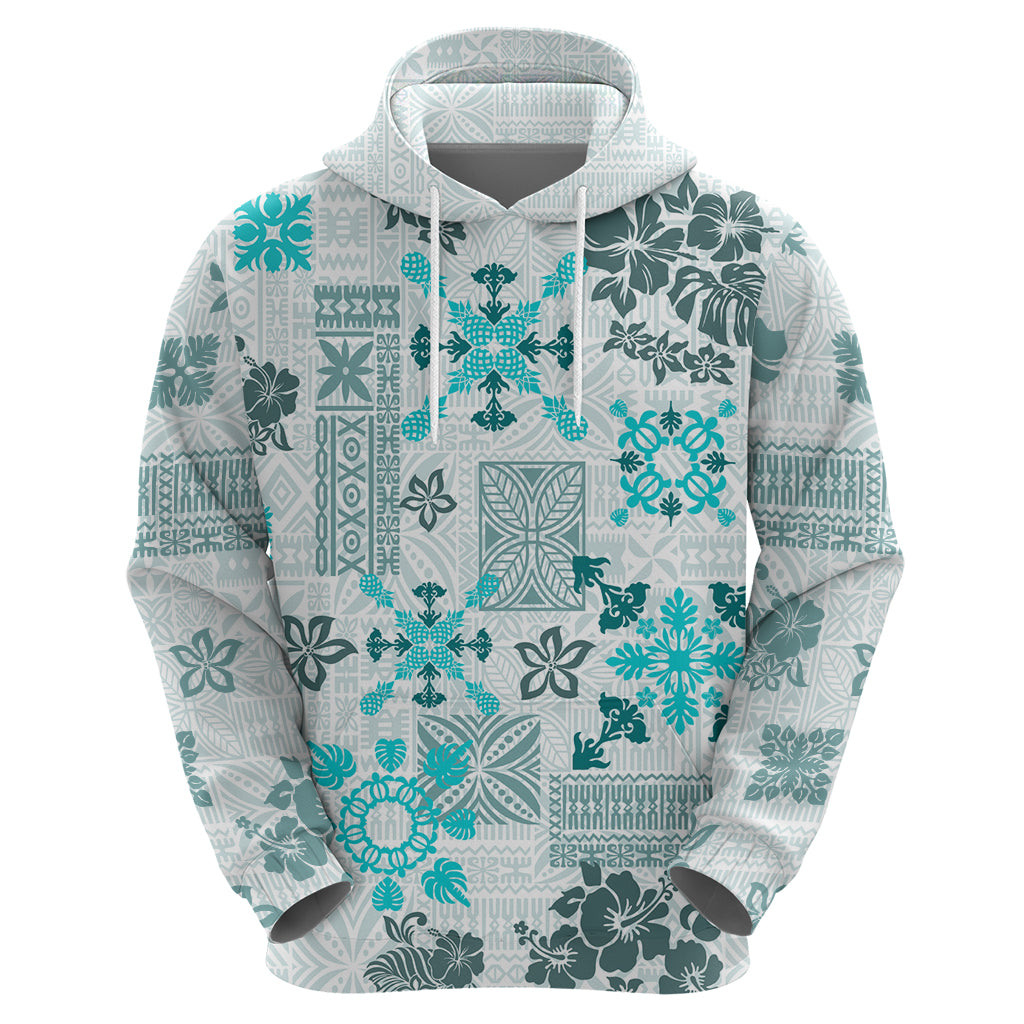 Hawaii Tapa Tribal Hoodie With Hawaiian Quilt Pattern Aqua LT9 - Polynesian Pride