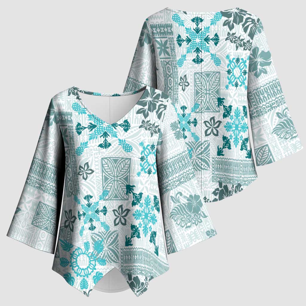 Hawaii Tapa Tribal Kimono Sleeve Blouse With Hawaiian Quilt Pattern Aqua - Polynesian Pride