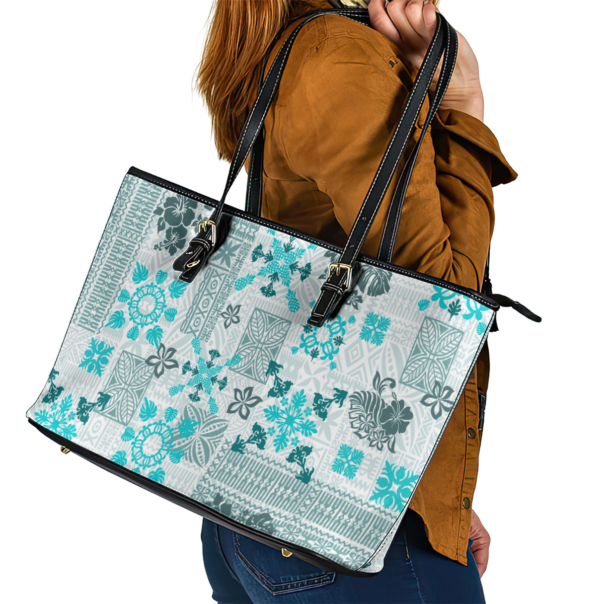 Hawaii Tapa Tribal Leather Tote Bag With Hawaiian Quilt Pattern Aqua LT9 - Polynesian Pride