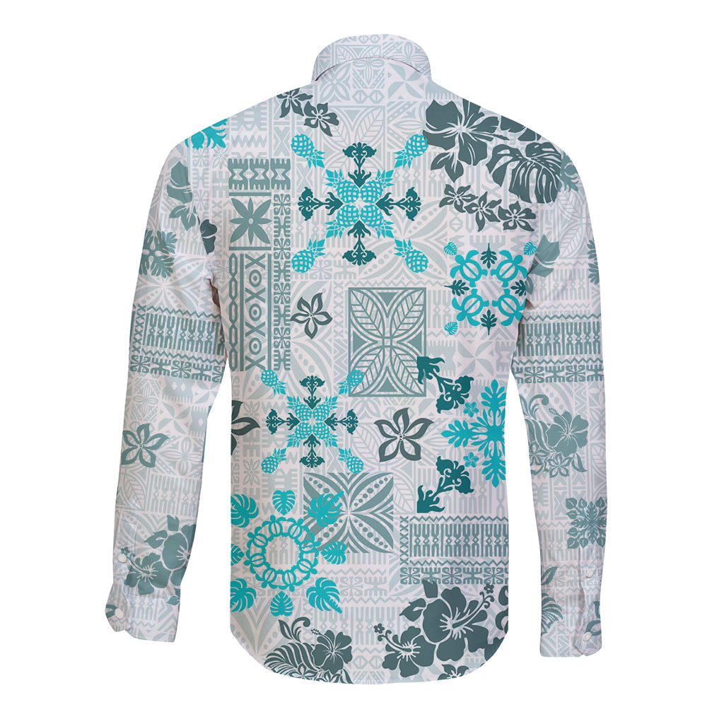 Hawaii Tapa Tribal Long Sleeve Button Shirt With Hawaiian Quilt Pattern Aqua LT9 - Polynesian Pride