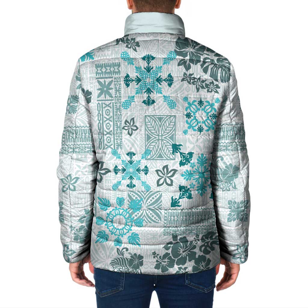 Hawaii Tapa Tribal Padded Jacket With Hawaiian Quilt Pattern Aqua - Polynesian Pride
