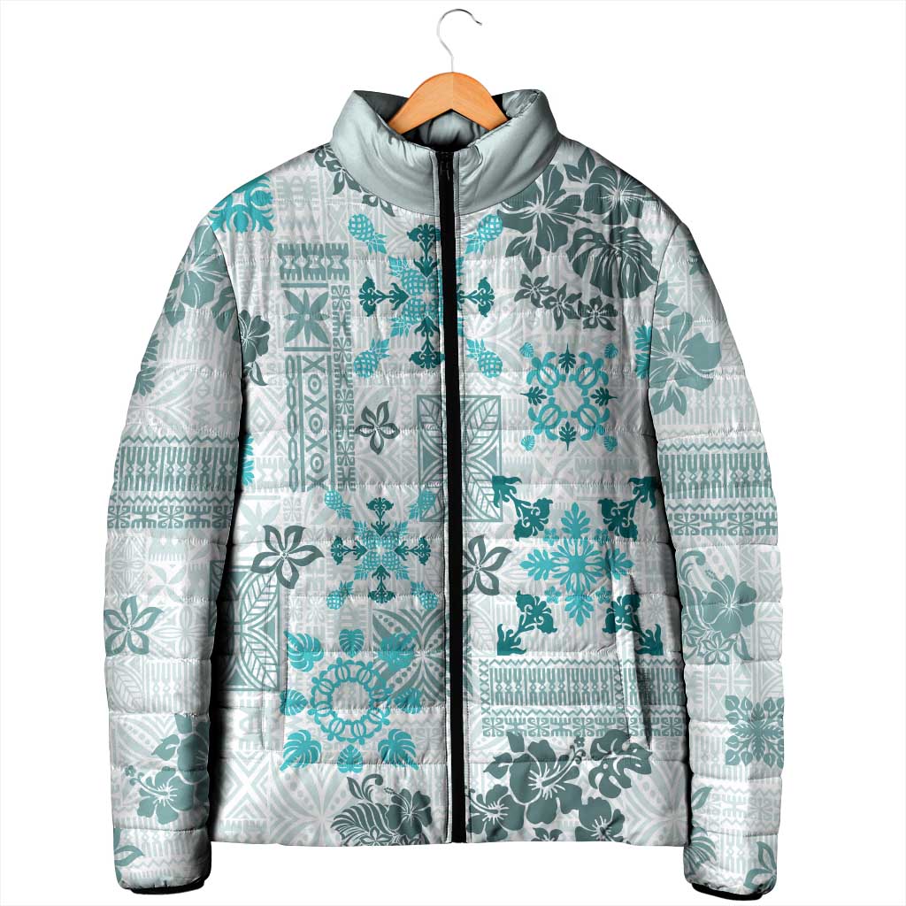 Hawaii Tapa Tribal Padded Jacket With Hawaiian Quilt Pattern Aqua - Polynesian Pride
