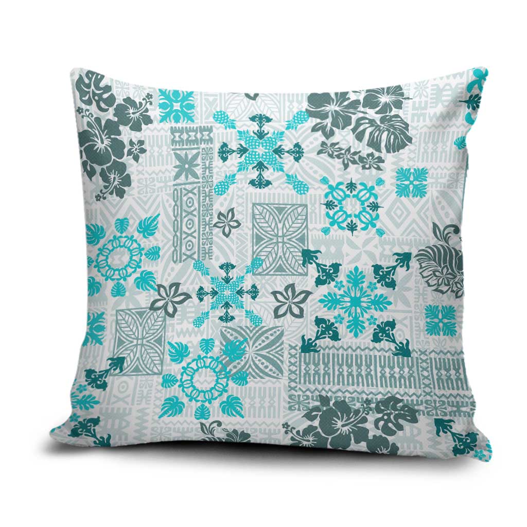 Hawaii Tapa Tribal Pillow Cover With Hawaiian Quilt Pattern Aqua - Polynesian Pride