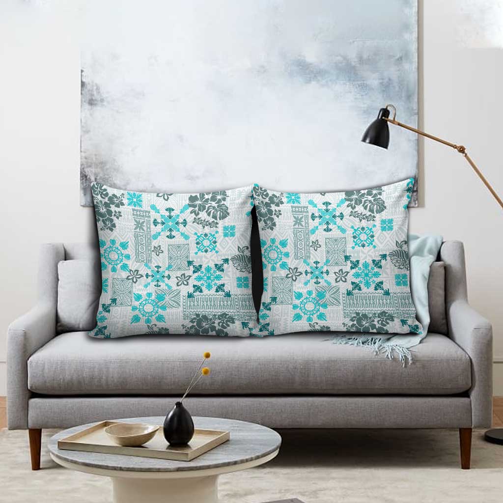 Hawaii Tapa Tribal Pillow Cover With Hawaiian Quilt Pattern Aqua LT9 - Polynesian Pride