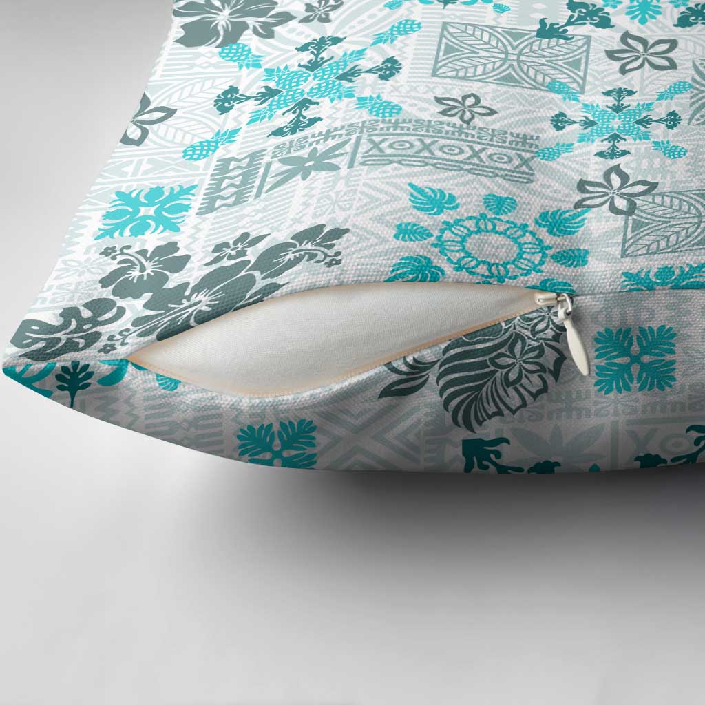 Hawaii Tapa Tribal Pillow Cover With Hawaiian Quilt Pattern Aqua LT9 - Polynesian Pride