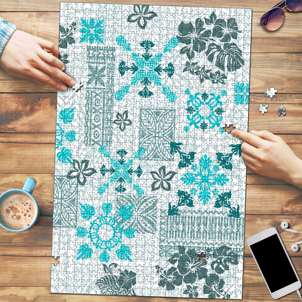 Hawaii Tapa Tribal Puzzle With Hawaiian Quilt Pattern Aqua - Polynesian Pride