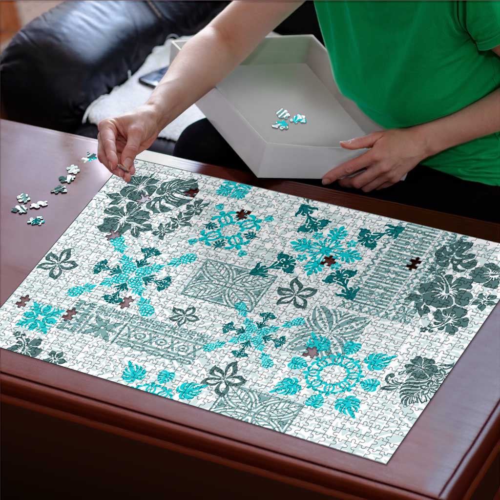 Hawaii Tapa Tribal Puzzle With Hawaiian Quilt Pattern Aqua - Polynesian Pride