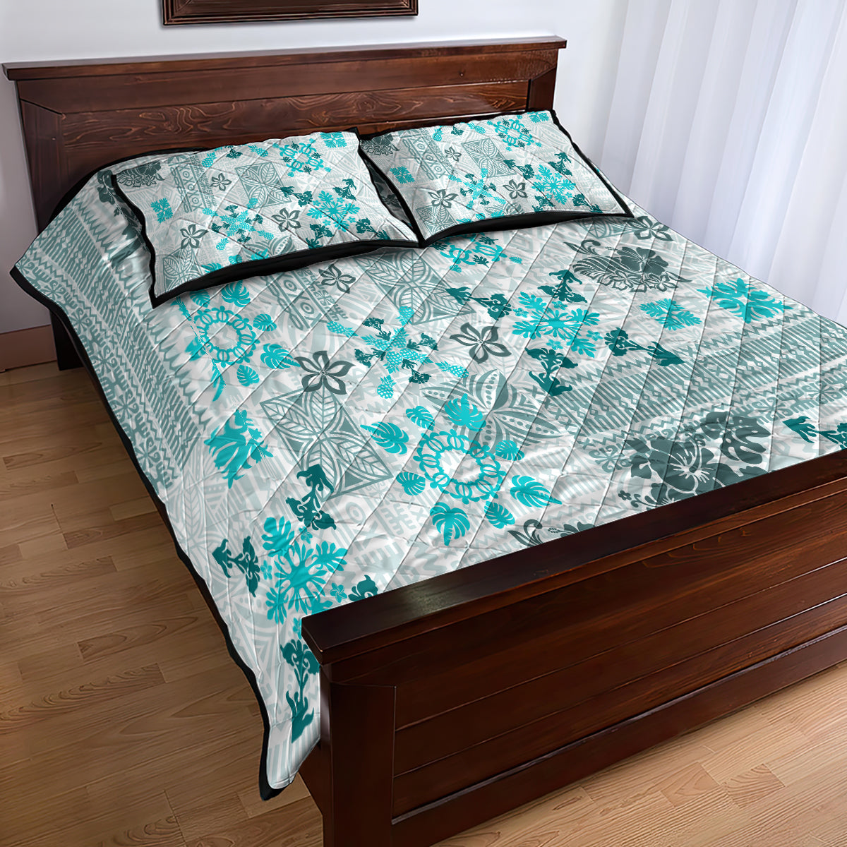 Hawaii Tapa Tribal Quilt Bed Set With Hawaiian Quilt Pattern Aqua LT9 - Polynesian Pride