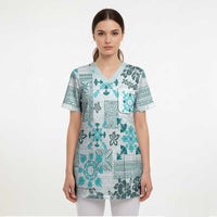 Hawaii Tapa Tribal Scrub Top With Hawaiian Quilt Pattern Aqua - Polynesian Pride