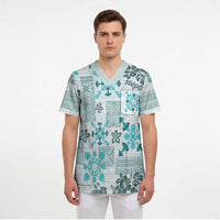 Hawaii Tapa Tribal Scrub Top With Hawaiian Quilt Pattern Aqua - Polynesian Pride
