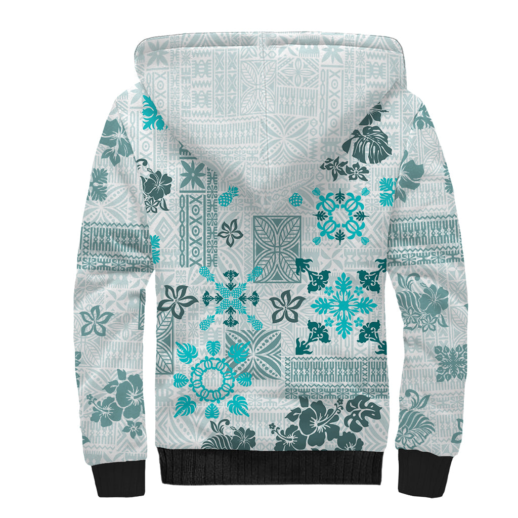 Hawaii Tapa Tribal Sherpa Hoodie With Hawaiian Quilt Pattern Aqua LT9 - Polynesian Pride