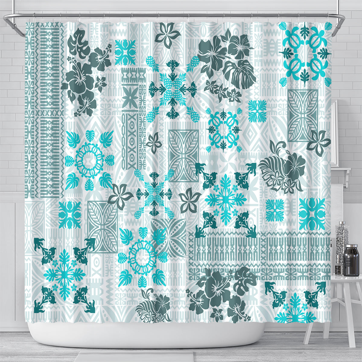 Hawaii Tapa Tribal Shower Curtain With Hawaiian Quilt Pattern Aqua LT9 - Polynesian Pride