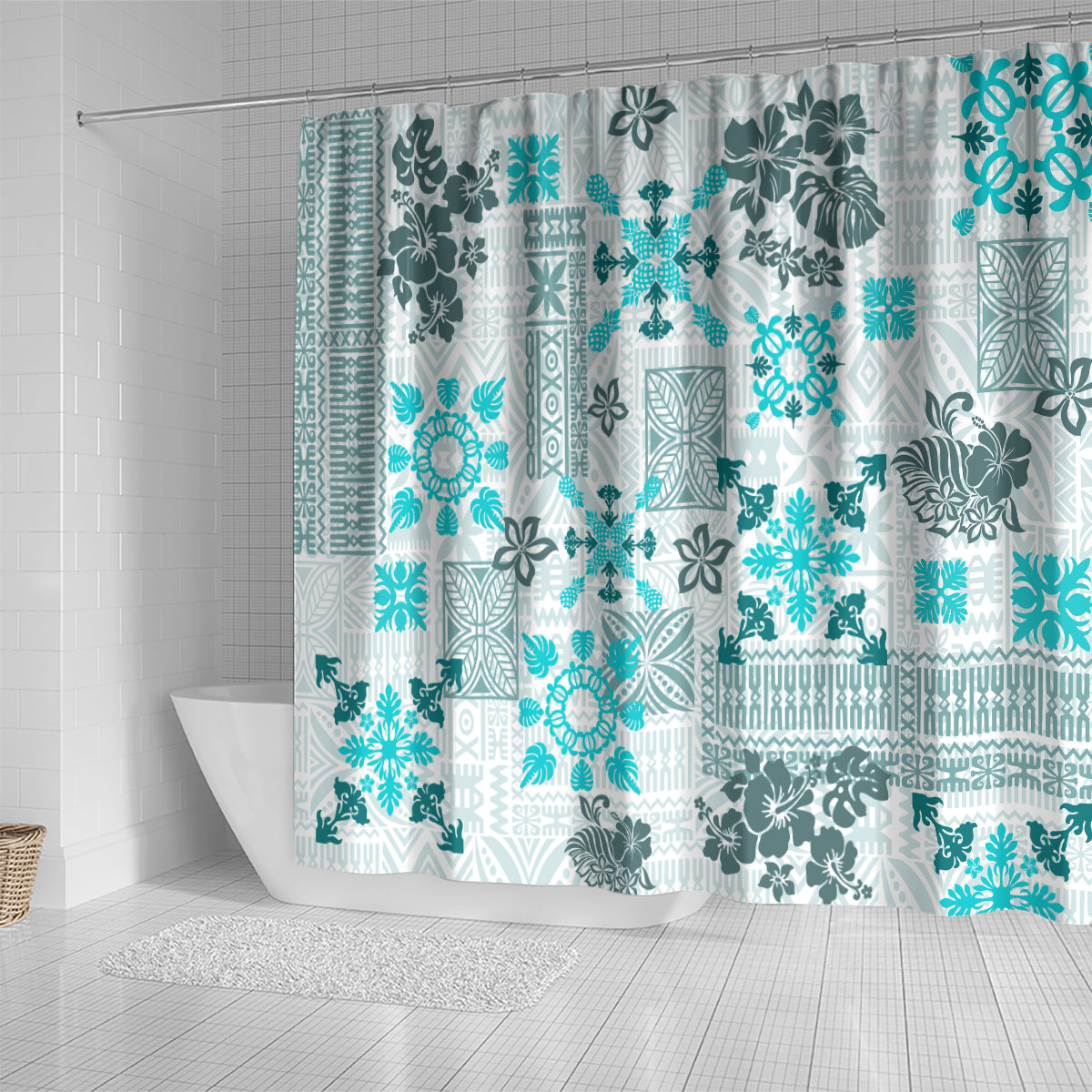 Hawaii Tapa Tribal Shower Curtain With Hawaiian Quilt Pattern Aqua LT9 - Polynesian Pride