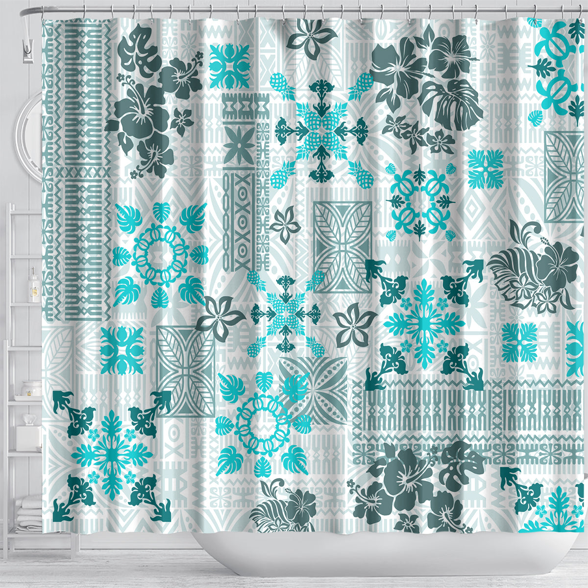 Hawaii Tapa Tribal Shower Curtain With Hawaiian Quilt Pattern Aqua LT9 - Polynesian Pride